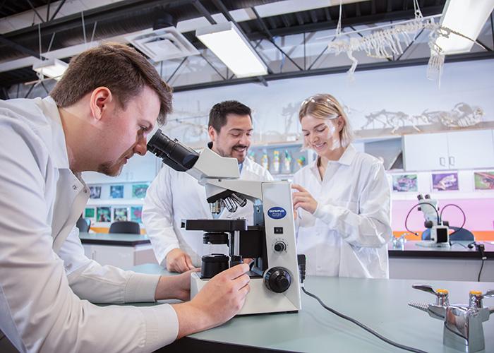 Three people working in a lab. One is looking in a microscope.